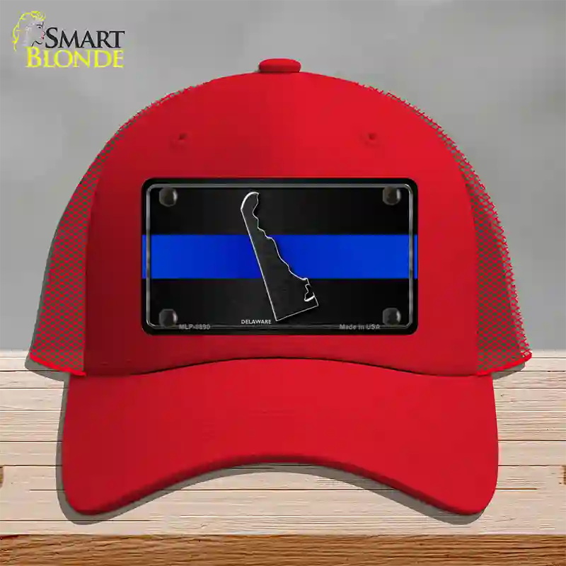 Delaware Thin Blue Line Novelty License Plate Hat Mesh / Red