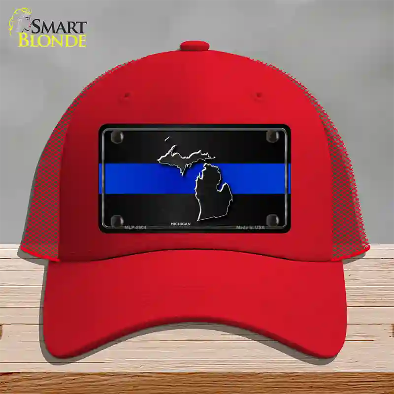 Michigan Thin Blue Line Novelty License Plate Hat Mesh / Red