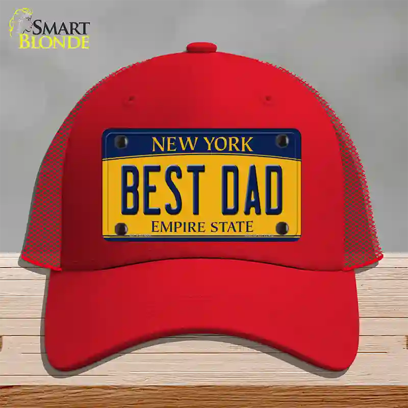 Best Dad New York Novelty License Plate Hat Mesh / Red