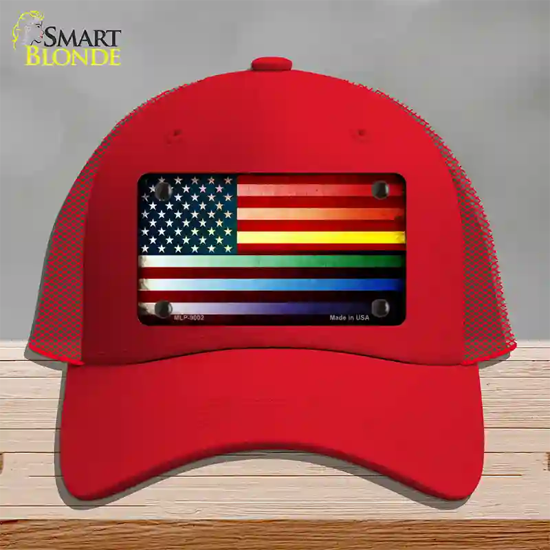 American Flag Rainbow Novelty License Plate Hat Mesh / Red