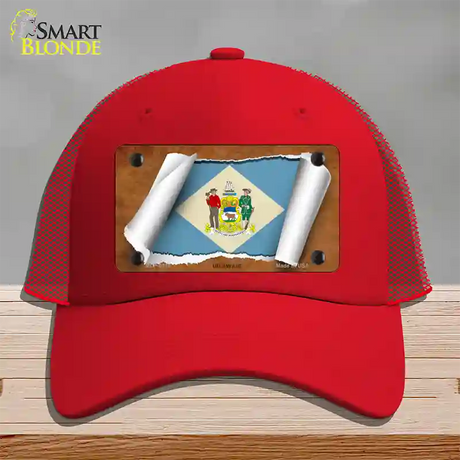 Delaware Flag Scroll Novelty License Plate Hat Mesh / Red