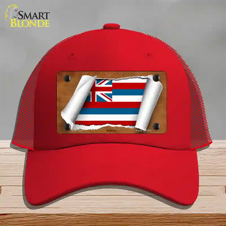 Hawaii Flag Scroll Novelty License Plate Hat Mesh / Red