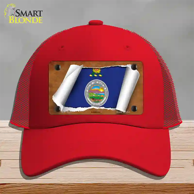 Kansas Flag Scroll Novelty License Plate Hat Mesh / Red