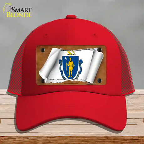 Massachusetts Flag Scroll Novelty License Plate Hat Mesh / Red