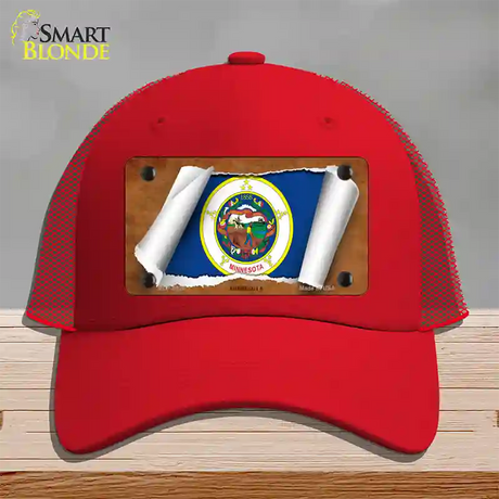 Minnesota Flag Scroll Novelty License Plate Hat Mesh / Red