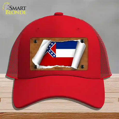 Mississippi Flag Scroll Novelty License Plate Hat Mesh / Red