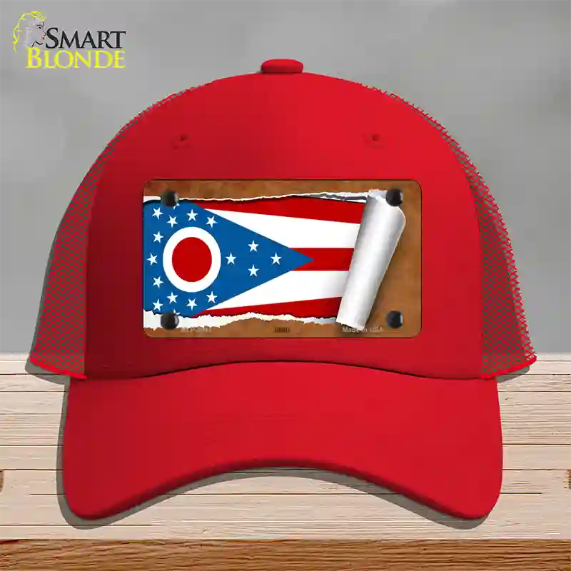 Ohio Flag Scroll Novelty License Plate Hat Mesh / Red