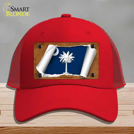 South Carolina Flag Scroll Novelty License Plate Hat Mesh / Red