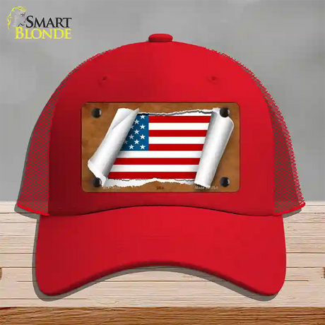 American Flag Scroll Novelty License Plate Hat Mesh / Red