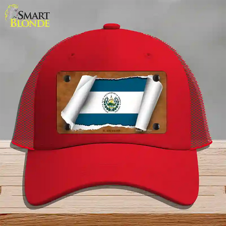 El Salvador Flag Scroll Novelty License Plate Hat Mesh / Red