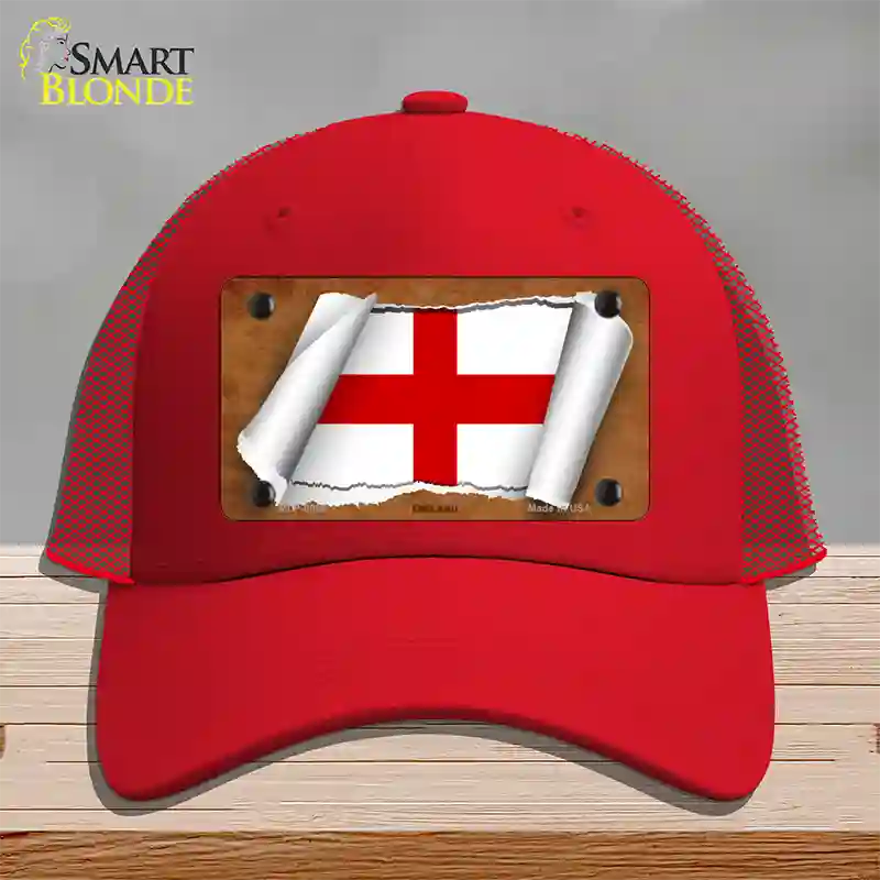 England Flag Scroll Novelty License Plate Hat Mesh / Red