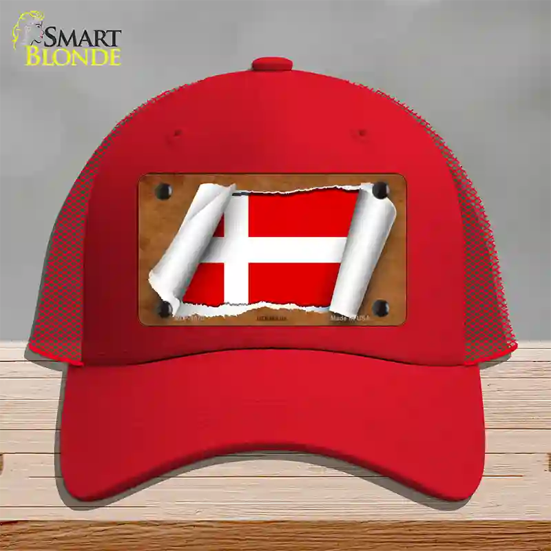 Denmark Flag Scroll Novelty License Plate Hat Mesh / Red