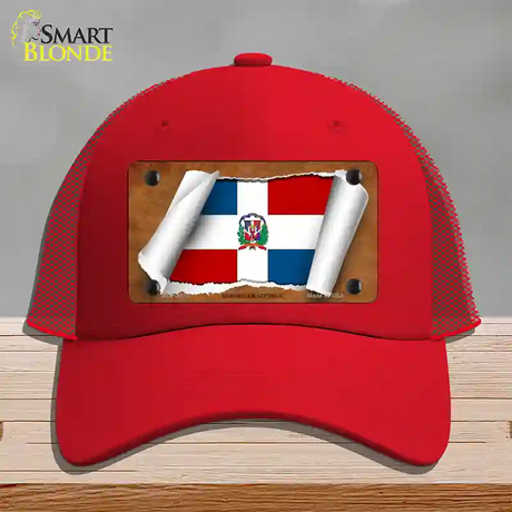 Dominican Republic Flag Scroll Novelty License Plate Hat Mesh / Red