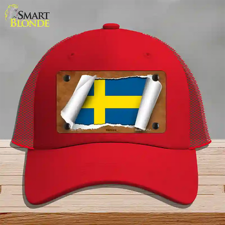 Sweden Flag Scroll Novelty License Plate Hat Mesh / Red