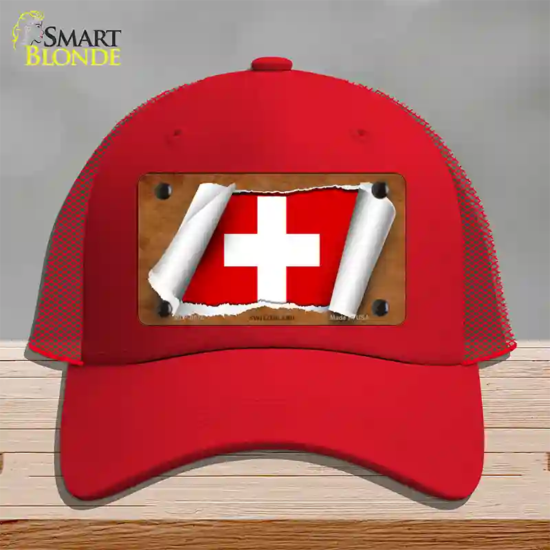 Switzerland Flag Scroll Novelty License Plate Hat Mesh / Red