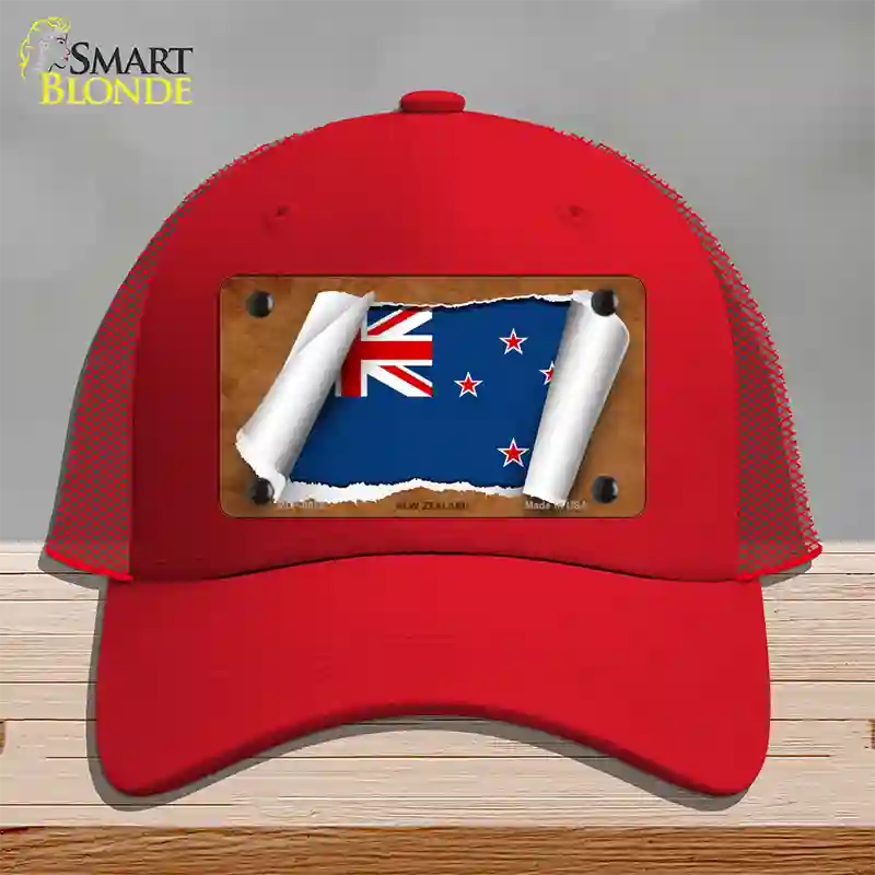 New Zealand Flag Scroll Novelty License Plate Hat Mesh / Red