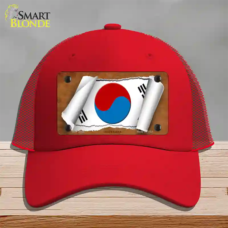 South Korea Flag Scroll Novelty License Plate Hat Mesh / Red