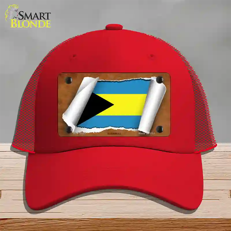 Bahamas Flag Scroll Novelty License Plate Hat Mesh / Red