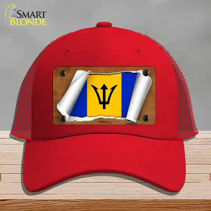 Barbados Flag Scroll Novelty License Plate Hat Mesh / Red