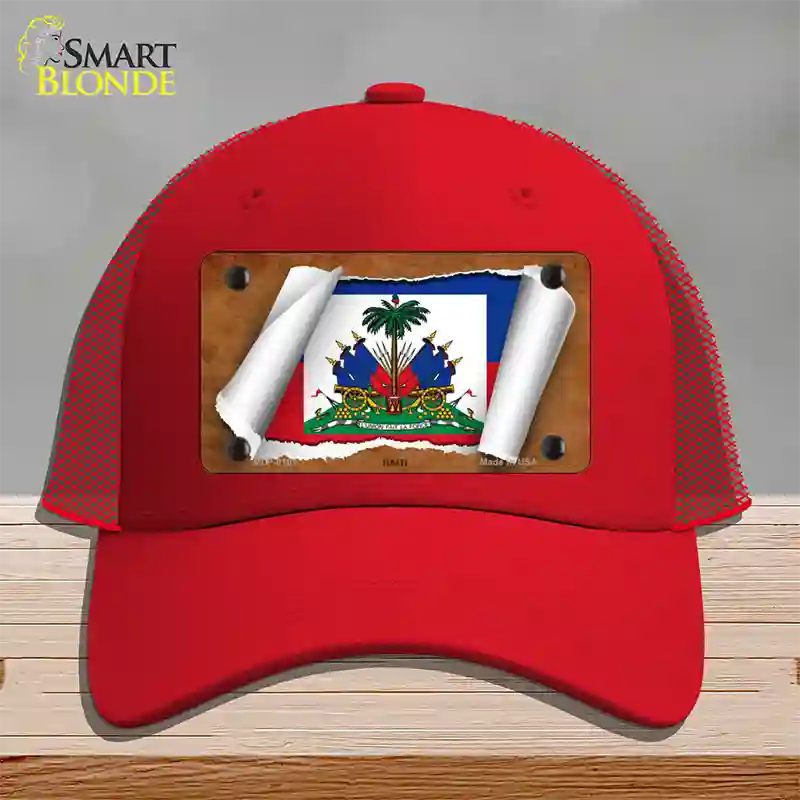 Haiti Flag Scroll Novelty License Plate Hat Mesh / Red