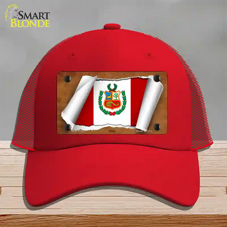 Peru Flag Scroll Novelty License Plate Hat Mesh / Red