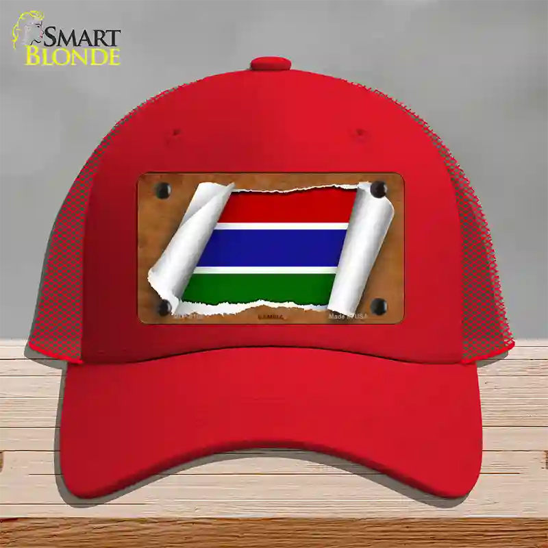 Gambia Flag Scroll Novelty License Plate Hat Mesh / Red