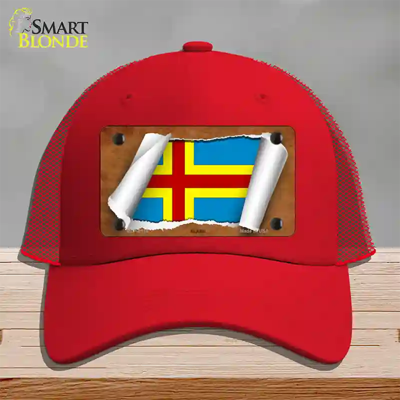 Aland Flag Scroll Novelty License Plate Hat Mesh / Red