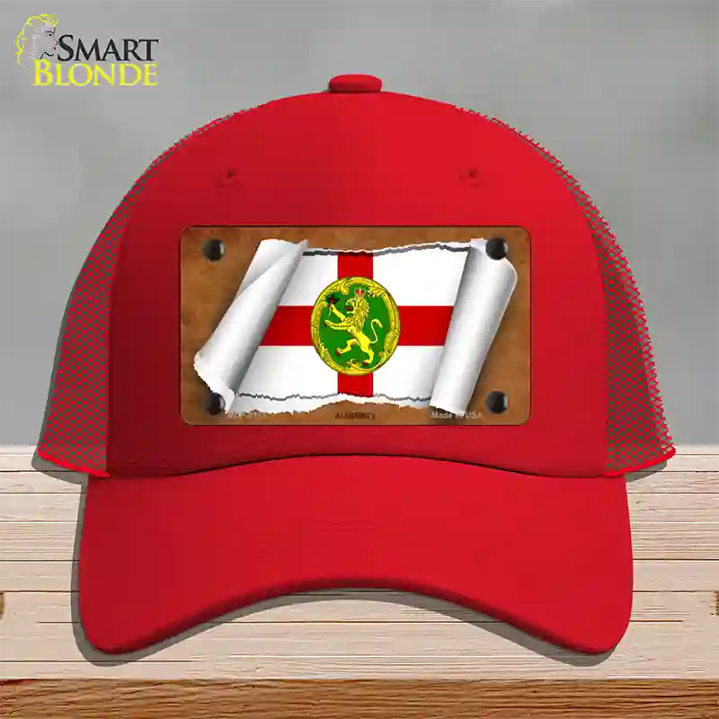 Alderney Flag Scroll Novelty License Plate Hat Mesh / Red