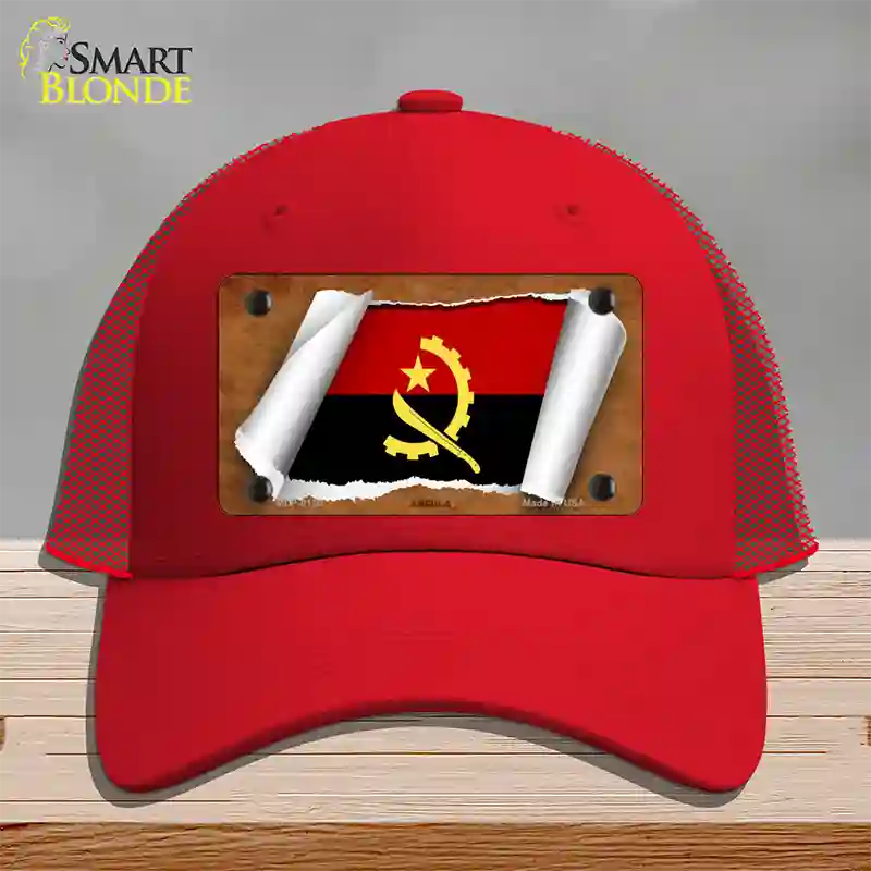 Angola Flag Scroll Novelty License Plate Hat Mesh / Red