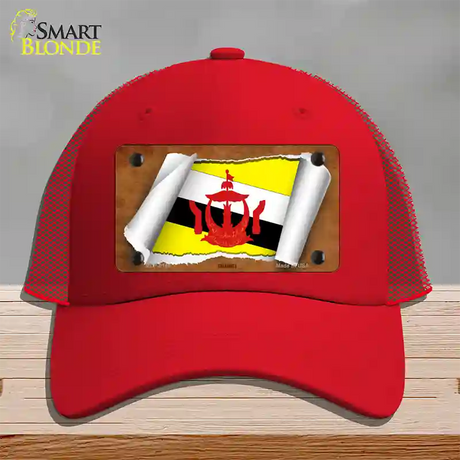 Brunei Flag Scroll Novelty License Plate Hat Mesh / Red