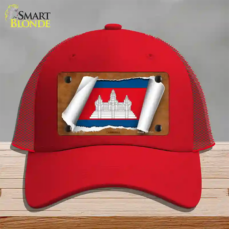 Cambodia Flag Scroll Novelty License Plate Hat Mesh / Red