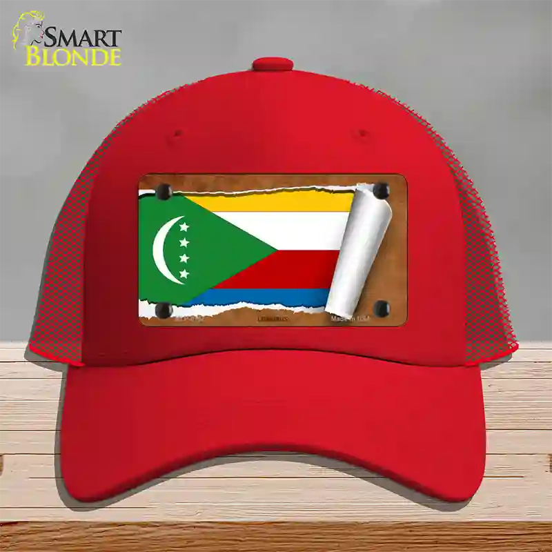 Comoros Flag Scroll Novelty License Plate Hat Mesh / Red