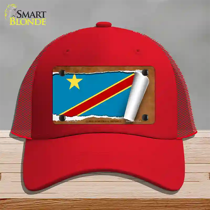 Congo Democratic Republic Flag Scroll Novelty License Plate Hat Mesh / Red