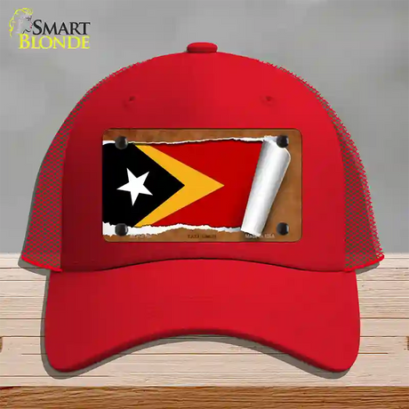 East Timor Flag Scroll Novelty License Plate Hat Mesh / Red