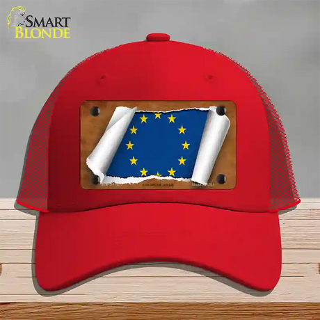 European Union Flag Scroll Novelty License Plate Hat Mesh / Red