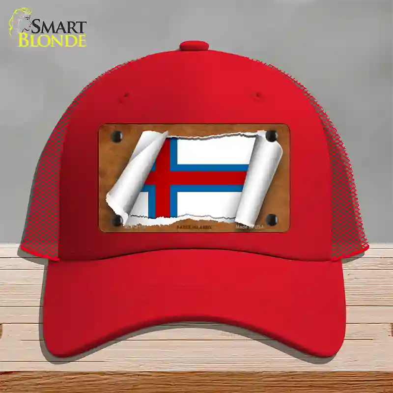 Faroe Islands Flag Scroll Novelty License Plate Hat Mesh / Red