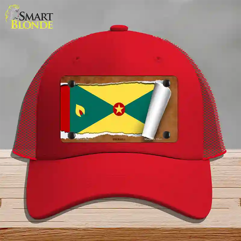 Grenada Flag Scroll Novelty License Plate Hat Mesh / Red