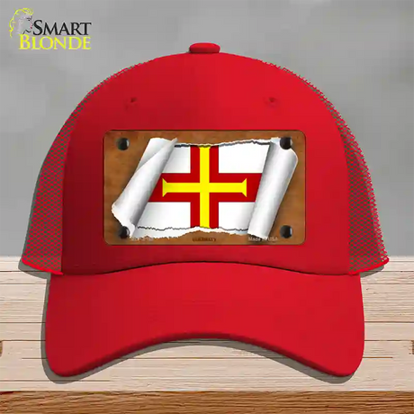 Guernsey Flag Scroll Novelty License Plate Hat Mesh / Red