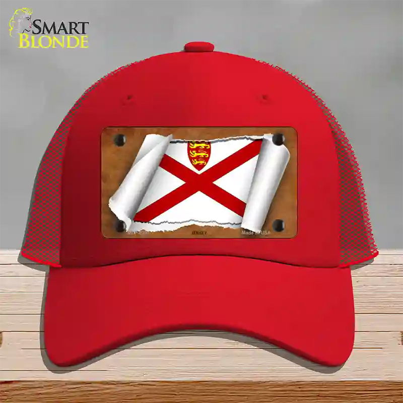 Jersey Flag Scroll Novelty License Plate Hat Mesh / Red