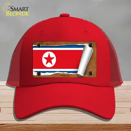 North Korea Flag Scroll Novelty License Plate Hat Mesh / Red