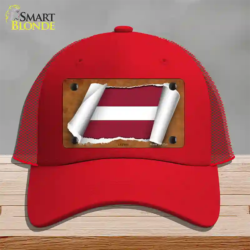 Latvia Flag Scroll Novelty License Plate Hat Mesh / Red