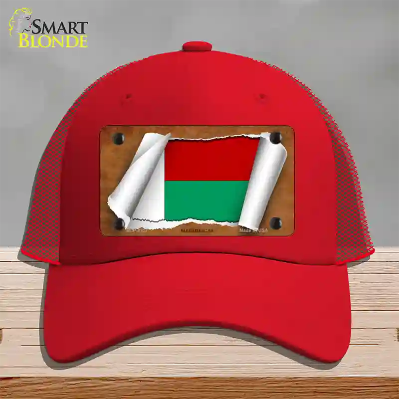 Madagascar Flag Scroll Novelty License Plate Hat Mesh / Red