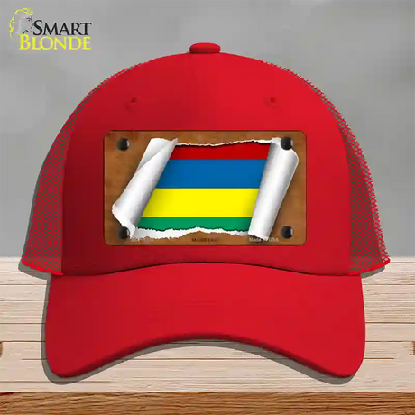 Mauritius Flag Scroll Novelty License Plate Hat Mesh / Red