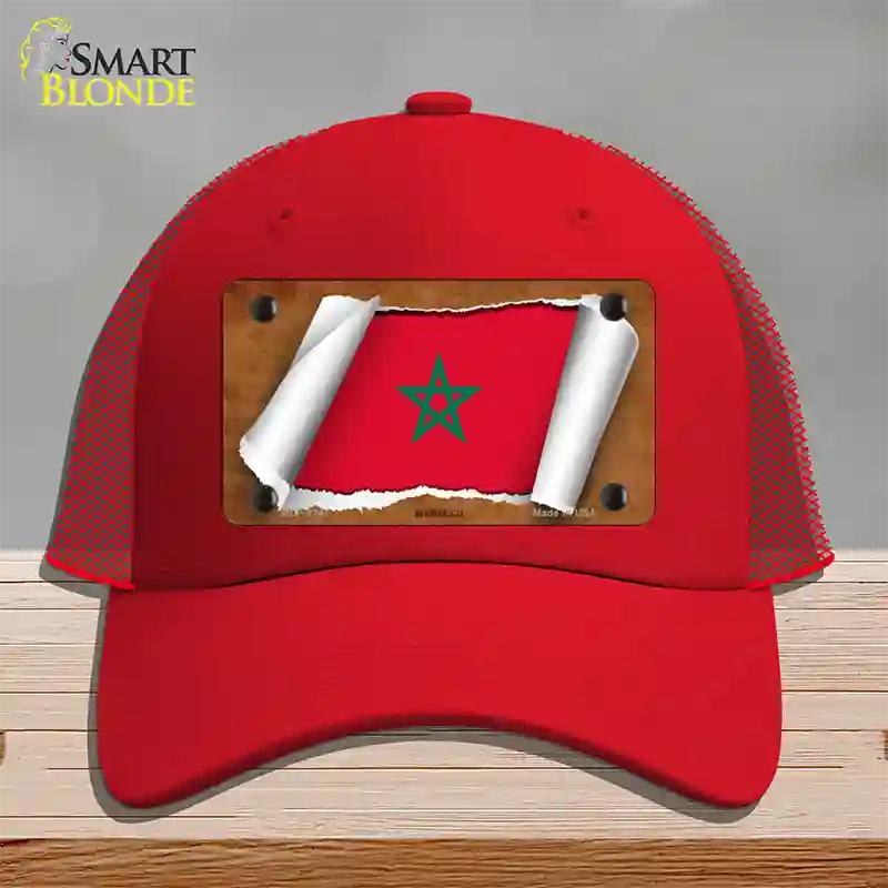 Morocco Flag Scroll Novelty License Plate Hat Mesh / Red