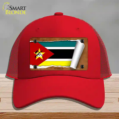 Mozambique Flag Scroll Novelty License Plate Hat Mesh / Red