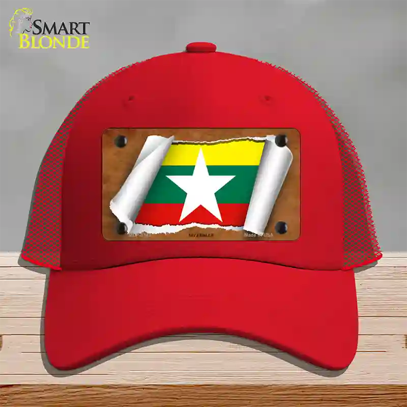 Myanmar Flag Scroll Novelty License Plate Hat Mesh / Red