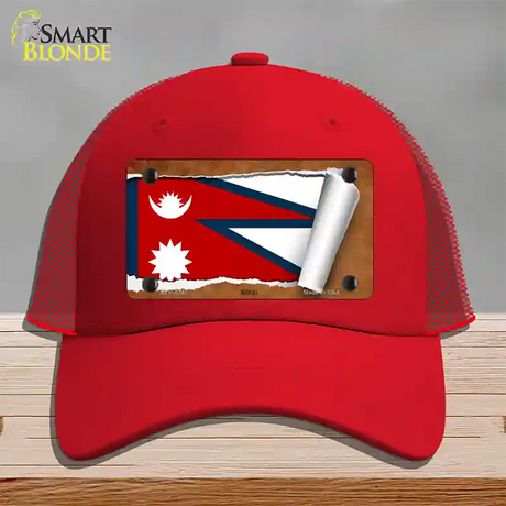 Nepal Flag Scroll Novelty License Plate Hat Mesh / Red