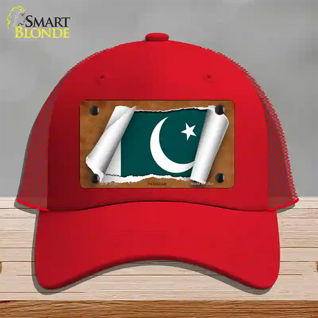 Pakistan Flag Scroll Novelty License Plate Hat Mesh / Red