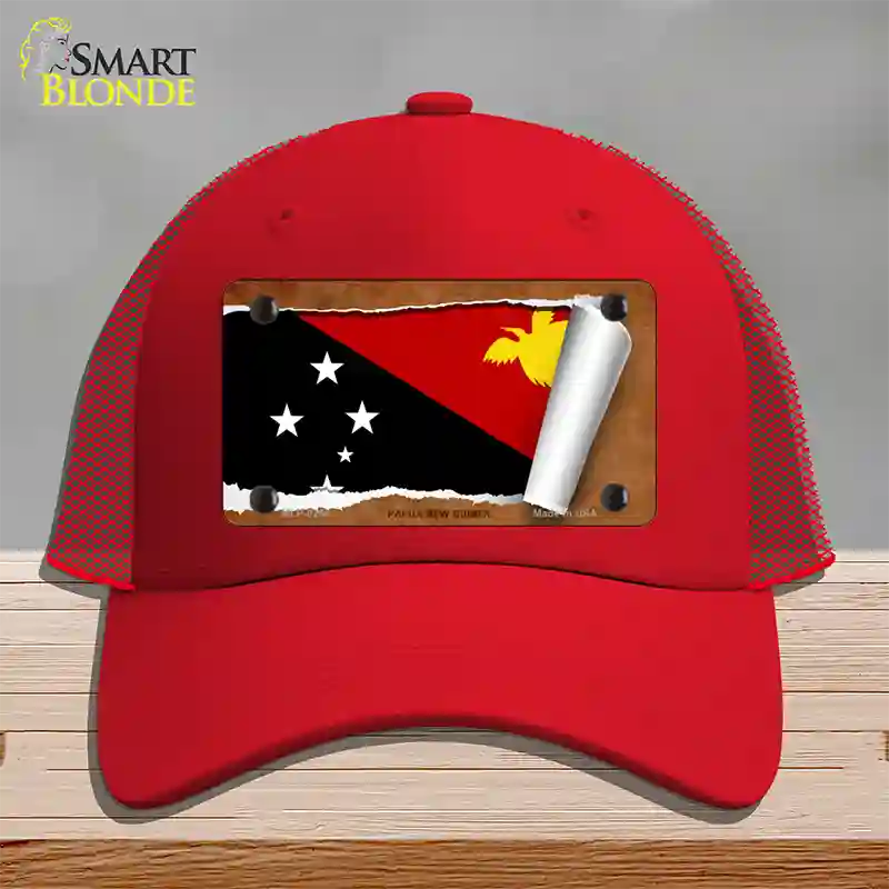 Papua New Guinea Flag Scroll Novelty License Plate Hat Mesh / Red