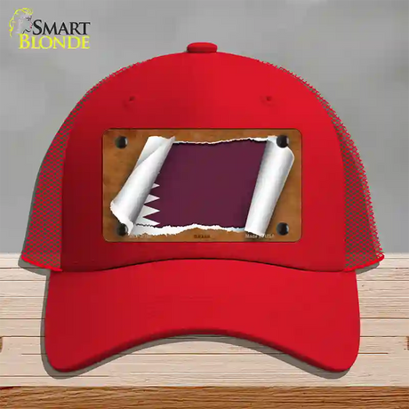 Qatar Flag Scroll Novelty License Plate Hat Mesh / Red